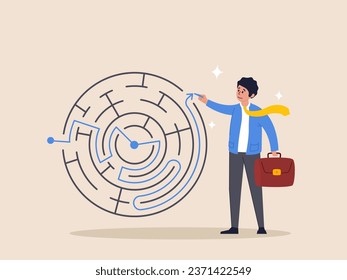 Challenge for leadership concept. Solution solving business problem, skill and intelligence to overcome difficulty, smart businessman draw the line showing solution to solve labyrinth maze problem.
