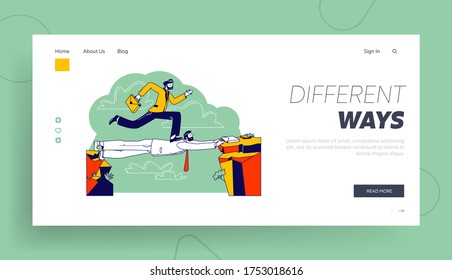 Challenge, Leadership, New Opportunity Success Landing Page Template. Business Man Careerist, Social Climber Character Run over Head of Colleague Like on Bridge. Linear People Vector Illustration