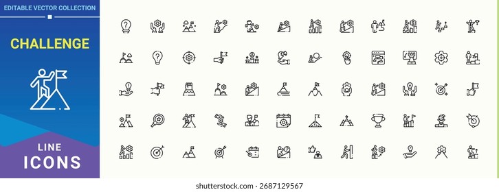 Desafío de la colección lineal de iconos. Iconos para diseños UI. colecciones de Vector. Icono de examen colección. Contiene el desarrollo de símbolos lineales, el éxito, el objetivo, el examen, la estrategia y más.