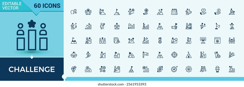 Challenge lined icons set. Contains related to hand, business, strategy, challenge, develop, team, achieve and more. Isolated icons design. Solid line editable vector illustration.