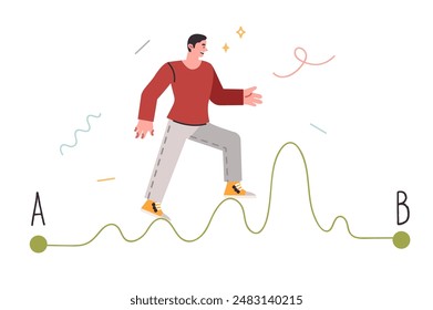 Challenge for man walking along difficult winding path and trying to achieve goal. Challenge for casual guy overcoming obstacles and difficulties or solving problems to reach career success