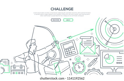 Challenge - modern line design style illustration on white background with place for your information. An image of a young ambitious businessman hitting the target. Goal achievement concept