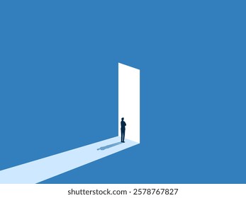 Challenge , New opportunity , man stand looking at the bright door