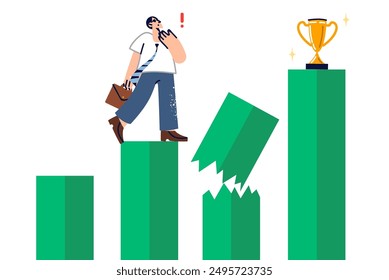 Challenge on path to success for business man striving to get winner golden cup, standing at top of chart. Guy office worker encounters challenge while trying to achieve career goals