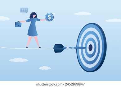 Challenge to overcome difficulty and achieve business target. Businesswoman walks tightrope over an abyss. Female entrepreneur maintains balance between risk and financial gain. Vector illustration