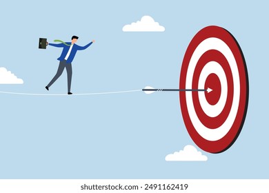 Challenge to overcome difficulty and achieve business target, businessman acrobat walk on rope to reach bullseye dart target.