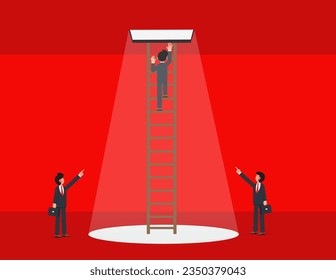 Challenge to overcome difficulty, courage to escape for freedom. Businessman climb up ladder to light shining way out
