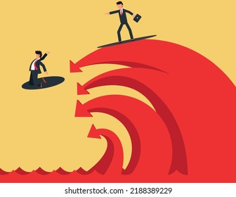 Challenge to overcome difficulty. expert two businessman surfing or riding wave to success direction