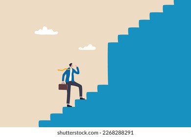Challenge to overcome difficulty, obstacle or business problem, think of solution to get pass obstacle to success, failure or trouble concept, businessman walk up stair to find huge difficult step.