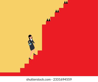 Challenge to overcome difficulty. Think of solution to get pass obstacle to success, Business woman walk up stair to find huge difficult step.