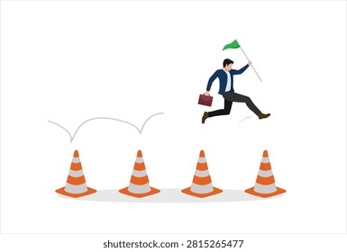 Challenge to overcome obstacles, hurdle or difficulty, leap over trouble issue or business problem, adversity to solve problem, struggle obstruction, determined businessman jump over obstacles pylon.