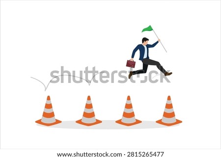Challenge to overcome obstacles, hurdle or difficulty, leap over trouble issue or business problem, adversity to solve problem, struggle obstruction, determined businessman jump over obstacles pylon.