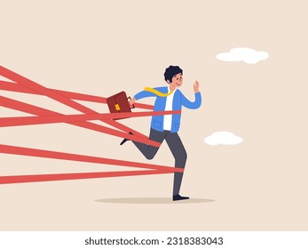 Challenge to overcome to success concept. Business difficulty or struggle with career obstacle, limitation and trap, businessman tied up with red tape trying to run away with full effort.