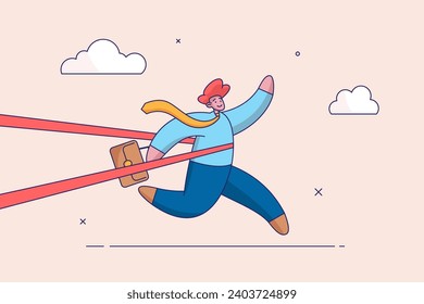 Challenge to overcome to success concept. Business difficulty or struggle with career obstacle, limitation and trap, businessman tied up with red tape trying to run away with full effort.