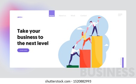 Challenge Partnership and Leadership Website Landing Page. Business People Climbing Up Financial Graph and Chart Stairs Set Up Flag on Top. Team Work, Web Page Banner. Cartoon Flat Vector Illustration