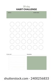 challenge plan, minimalistic daily, weekly planner printable template. habit, workout planning and to do list. printable planner, digital planner. A4 and letter size. Vector template. EPS 10