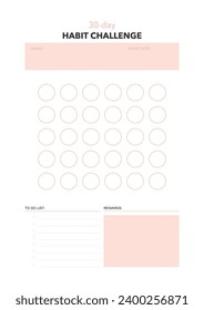 challenge plan, minimalistic daily, weekly planner printable template. habit, workout planning and to do list. printable planner, digital planner. A4 and letter size. Vector template. EPS 10