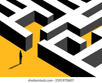 Challenge the Problem, Businessman Standing Looking at Maze Entrance