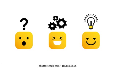 Challenge problem solving concept. Process of creative teamwork. Path from question to answer, problem to solution. Vector illustration with icons and emoticon characters solated flat