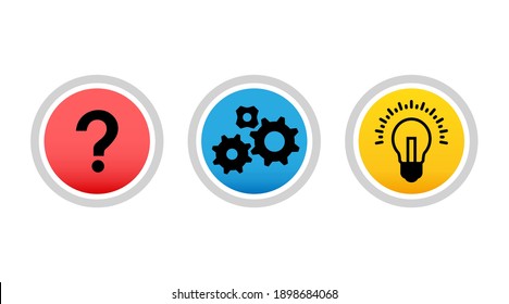 Challenge problem solving concept. Process of creative teamwork. Path from question to answer, problem to solution. Vector illustration with icons isolated flat