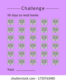 Challenge: reading books for 30 days. Checklist of accomplished goals. Vector stock illustration.