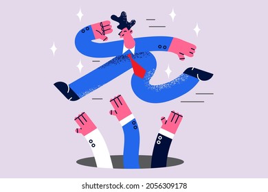 Challenge, risks, business rivals concept. Young smiling businessman cartoon character jumping over rivals coworkers hands trying to catch him feeling proud and confident vector illustration