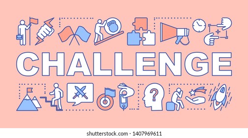 Challenge salmon word concepts banner. Goal achievement, success, battle winning. Ambition, motivation. Presentation, website. Isolated typography idea with linear icons. Vector outline illustration