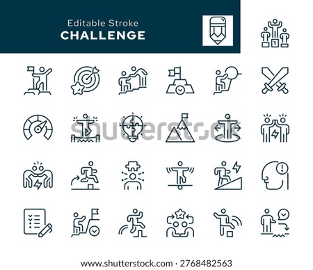 Challenge. Set of outline icons. Challenger, confrontation, competition, courage, overcome, struggle, contenders, conquering, hurdle, battle and more. Line icon in linear style. Vector collection.	
