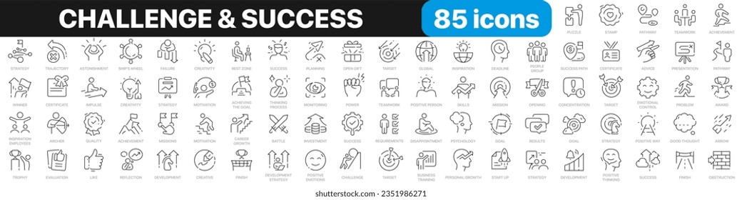 Challenge and success line icons collection. Cooperation, goal, strategy, vision, finish icons. UI icon set. Thin outline icons pack. Vector illustration EPS10