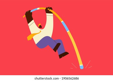 Challenge, success, risk concept. Businessman cartoon character jumping with pole vault to achieve good high results and overcome difficulties over red background vector illustration 