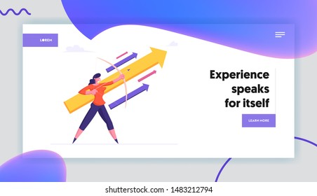 Challenge Task Solution Opportunity Website Landing Page. Businesswoman Holding Bow Direct Arrow Up to Sky. Aim in Business Strategy, Goal Achievement Web Page Banner. Cartoon Flat Vector Illustration