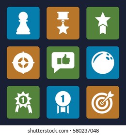 challenge vector icons. Set of 9 challenge filled icons such as chess pawn, target, thumb up, number 1 medal, medal with star