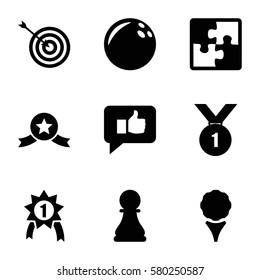 challenge vector icons. Set of 9 challenge filled icons such as target, chess pawn, puzzle, thumb up, number 1 medal, medal with star, bowling ball