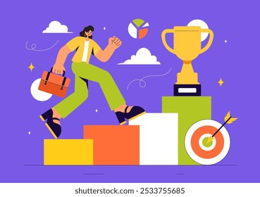 Challenge Vector Illustration featuring a Businessman Running to the Top of a Graph and Overcoming Obstacles to Achieve Success in a Flat Background