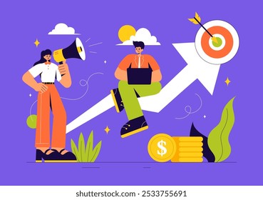 Challenge Vector Illustration featuring a Businessman Running to the Top of a Graph and Overcoming Obstacles to Achieve Success in a Flat Background