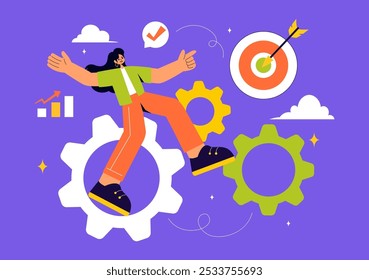 Challenge Vector Illustration featuring a Businessman Running to the Top of a Graph and Overcoming Obstacles to Achieve Success in a Flat Background