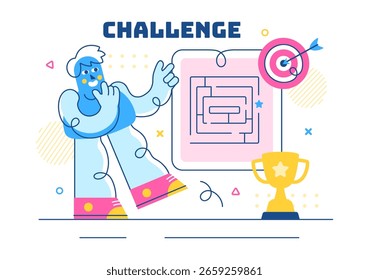 Challenge Vector Illustration Featuring a Businessman Running to the Top of a Graph and Overcoming Obstacles to Achieve Success in a Flat Background