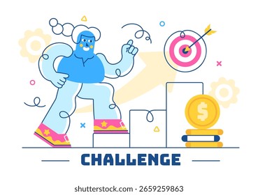 Challenge Vector Illustration Featuring a Businessman Running to the Top of a Graph and Overcoming Obstacles to Achieve Success in a Flat Background