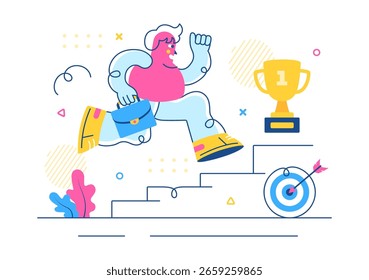 Ilustração do vetor de desafio com um empresário correndo para o topo de um gráfico e superando obstáculos para alcançar o sucesso em um plano de fundo plano
