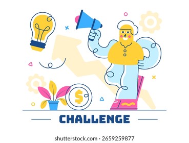 Ilustração do vetor de desafio com um empresário correndo para o topo de um gráfico e superando obstáculos para alcançar o sucesso em um plano de fundo plano