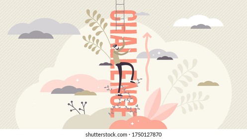 Challenge Vector Illustration. Flat Tiny Motivational Perseverance Persons Concept. Determination To Never Give Up For Goals And Growth. Strong Belief, Effort And Ambition Character Visualization.