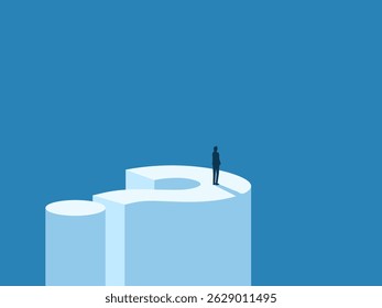 Challenge, visionary businessman standing on a question mark