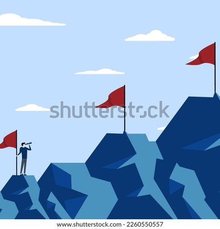 challenge to win, achievement or victory concept, career growth or business goal, Ambition to succeed and reach target, motivated businessman to reach mountain peak aims to reach higher target.
