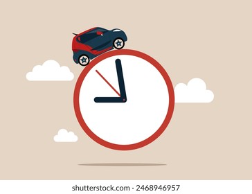 Challenge your progress and win the race. Businessman driving car huge clock clouds. Success hope and bright future. Flat vector illustration