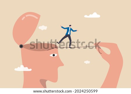 Challenge yourself, adversity or motivate self to overcome difficulty, practice or self development to be success concept, man pull the rope and let himself acrobat walk to achieve target.