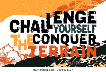 Desafíate, conquista el terreno. Letras de grunge offroad. Palabras de pista de neumáticos hechas de letras únicas. Ilustración vectorial editable. Elemento gráfico en color amarillo y negro.