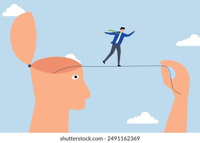 Challenge yourself, man pulls rope and lets the acrobat go to reach his goal.