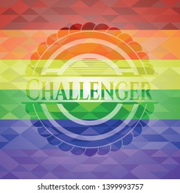 Challenger emblem on mosaic background with the colors of the LGBT flag