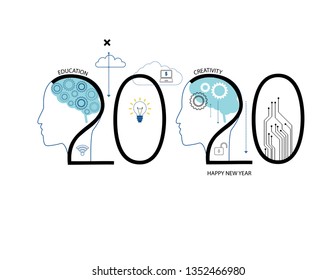 Challenges for 2020. Human head with and comunication and social network icons. 
