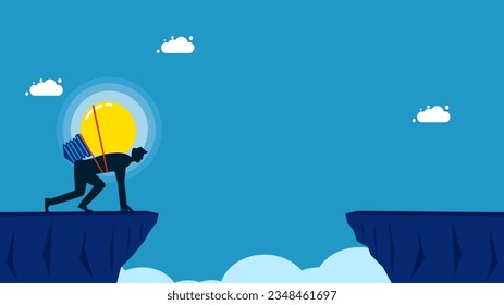 challenges against obstacles. Wise man with light bulb on cliff gap 